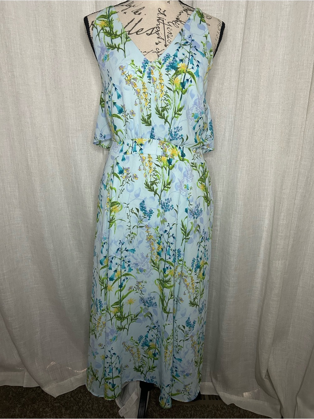 Light Blue Small Floral V-Neck Maxi Dress